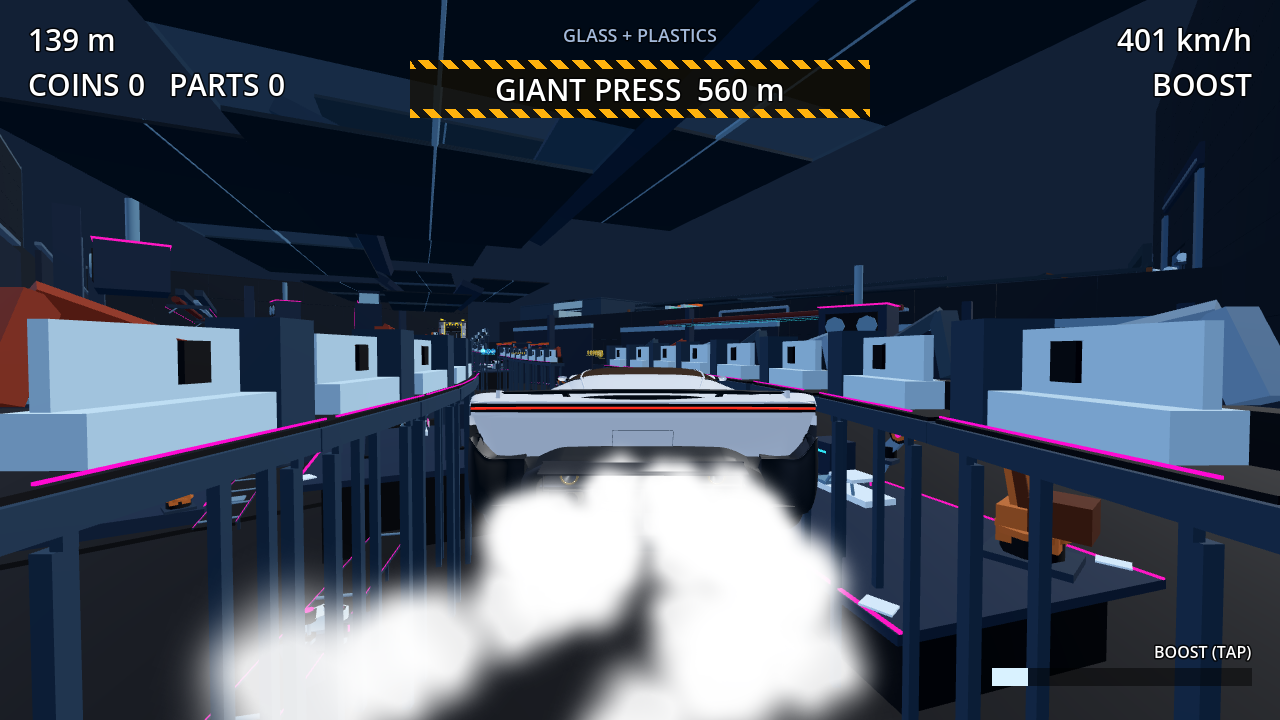 CGT Rocket X Racer in-game screenshot: rear boost firing in a factory lane with a giant press warning ahead